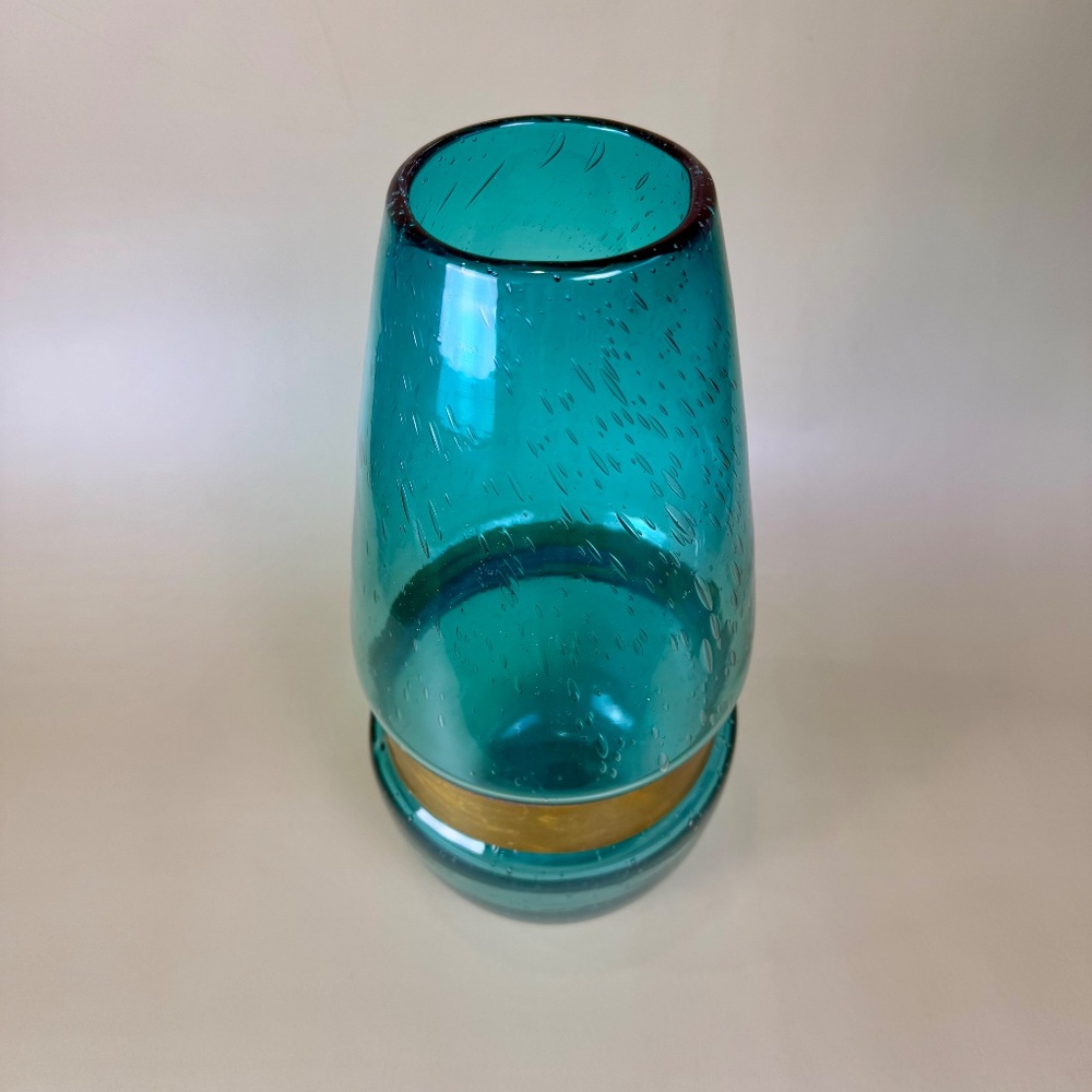 Dara International -- Italian Handblown Blue Glass Vase w/ Brass Band -- 13" - Picture 3 of 15
